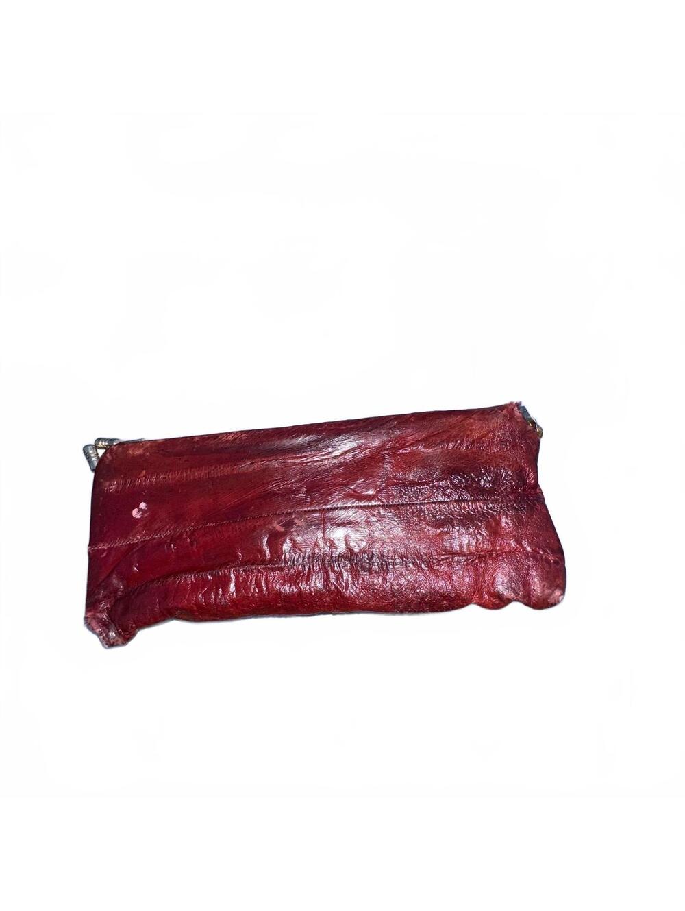 Vintage Genuine Eel Skin Burgundy Oxblood Clutch Wallet with Gold-Tone Kiss-Lock